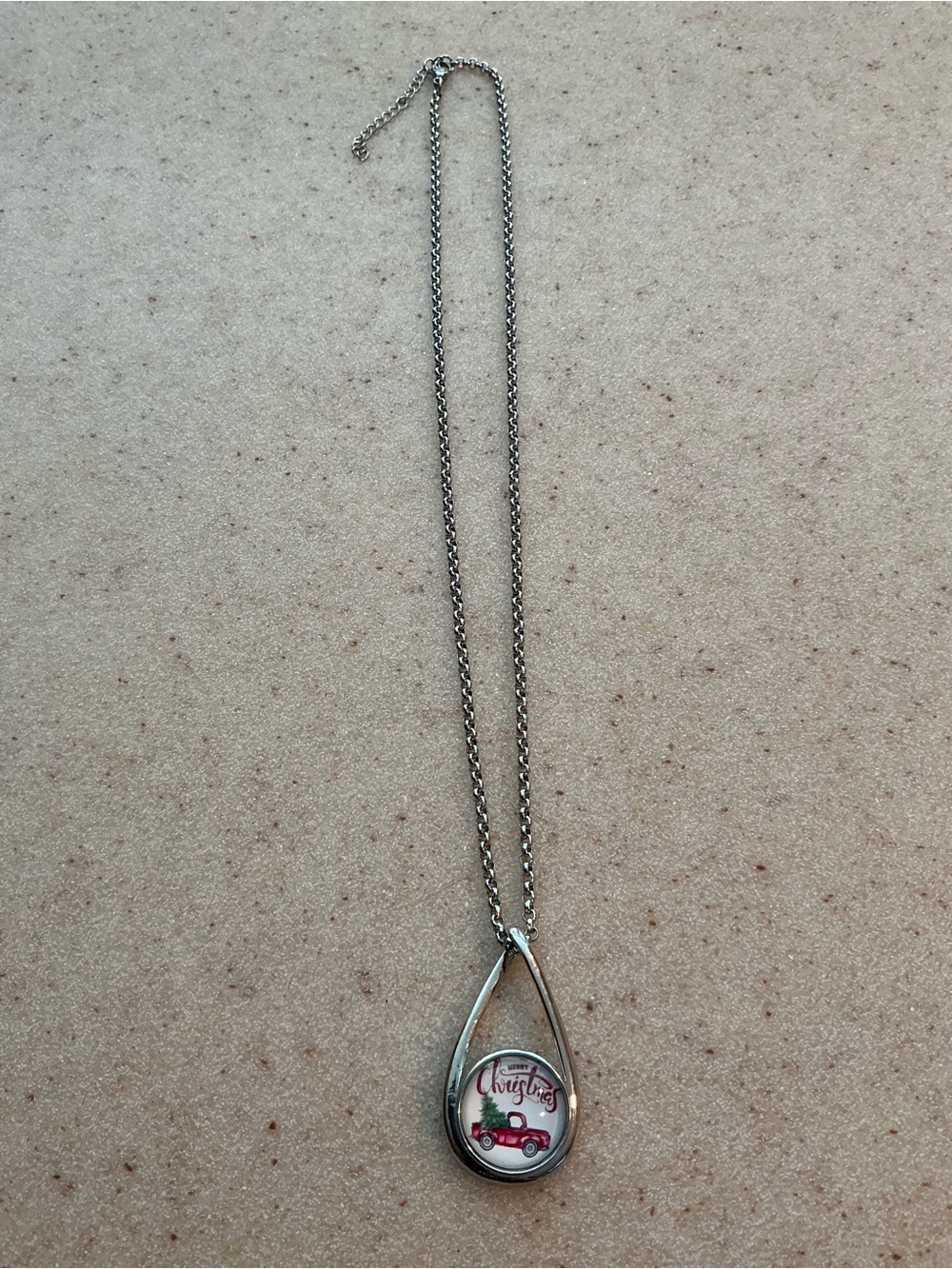 Silver Teardrop Christmas Pendant Necklace with Red Truck 1 1/2 pendant